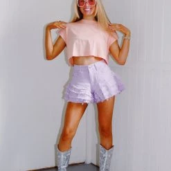 Triple Threads Cap Sleeve Crop Tee - Peach Tops