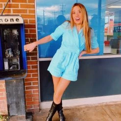 Triple Threads Puff Sleeve Romper - Baby Blue Jumpsuits + Rompers