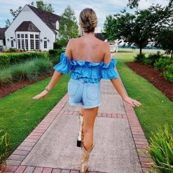 DO + BE COLLECTION New Arrivals Cropped Ruffle Top - Chambray/Blue