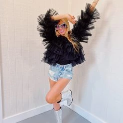 Triple Threads Tulle Ruffle Top - Black Tops