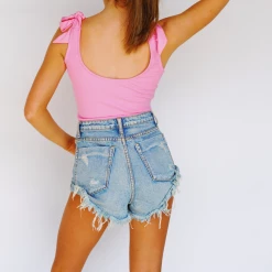 Triple Threads Ponytail Tie Bodysuit - Pink Tops