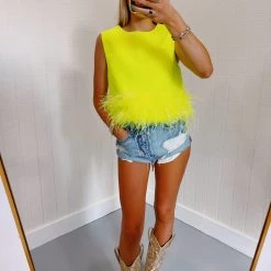 Triple Threads Fly Away Feather Top - Neon Lime Tops