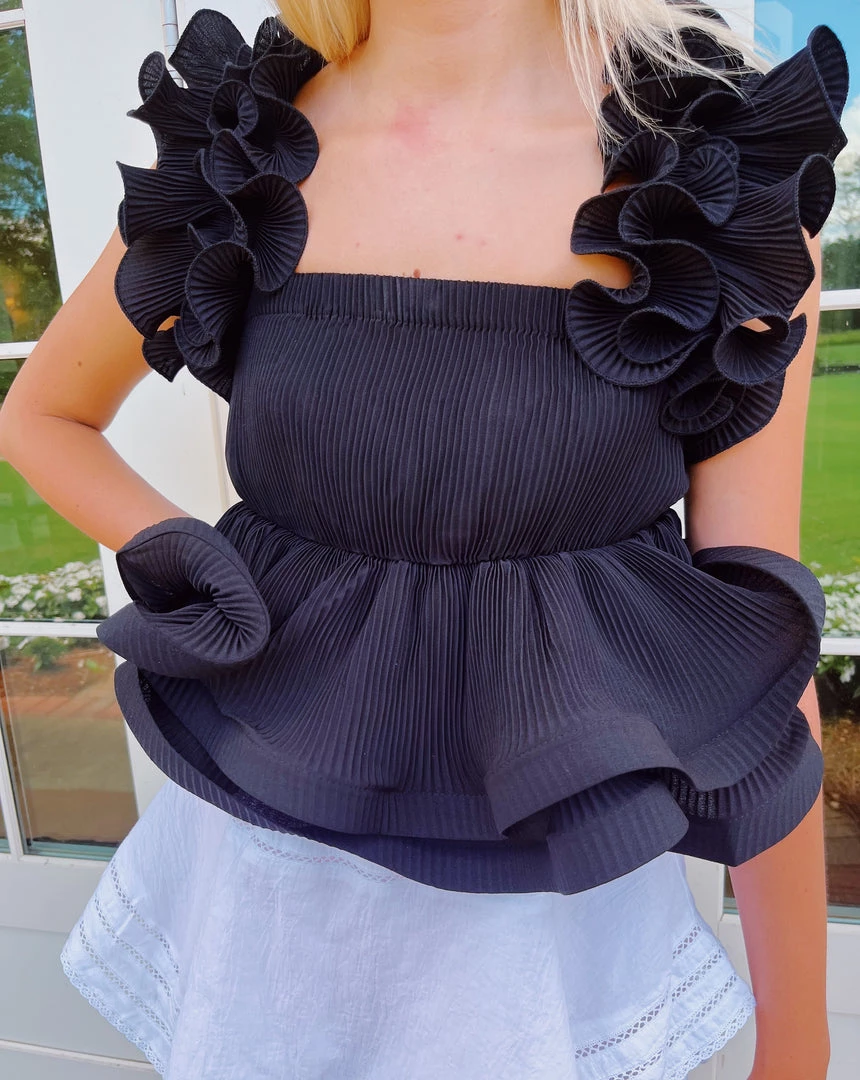 LA' ROS Structured Ruffle Top - Black