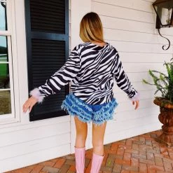 ELLISON Feather Trim Zebra Blouse