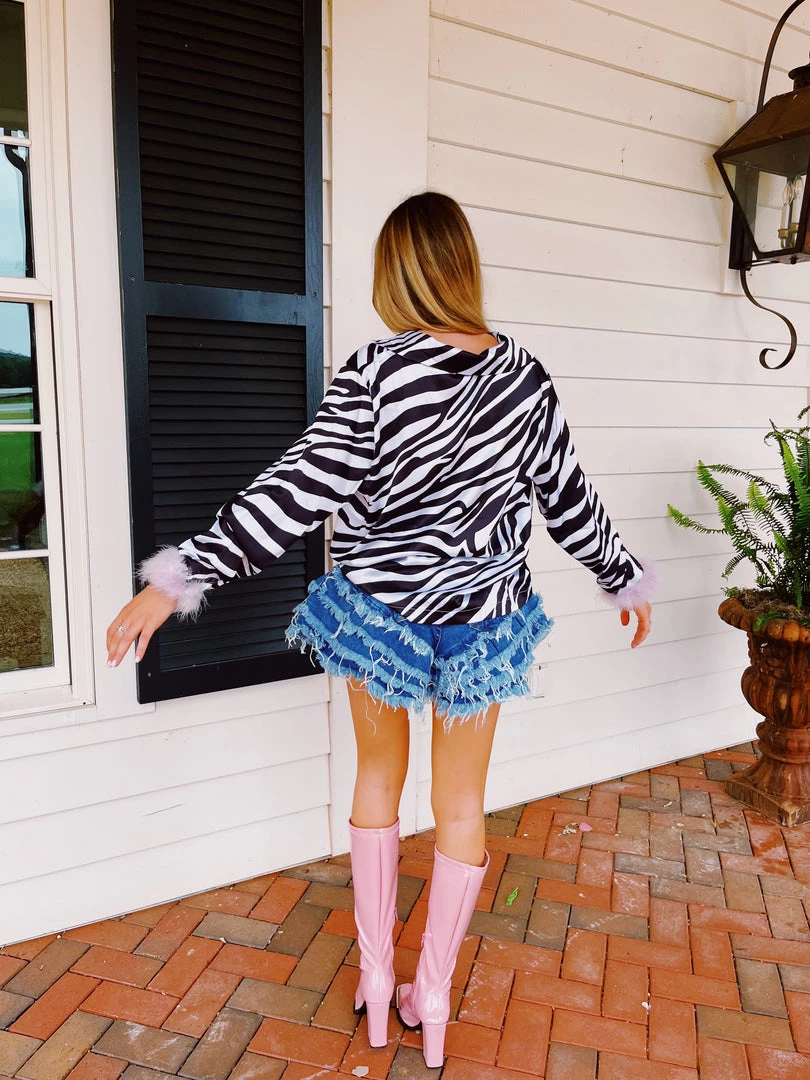 ELLISON Feather Trim Zebra Blouse