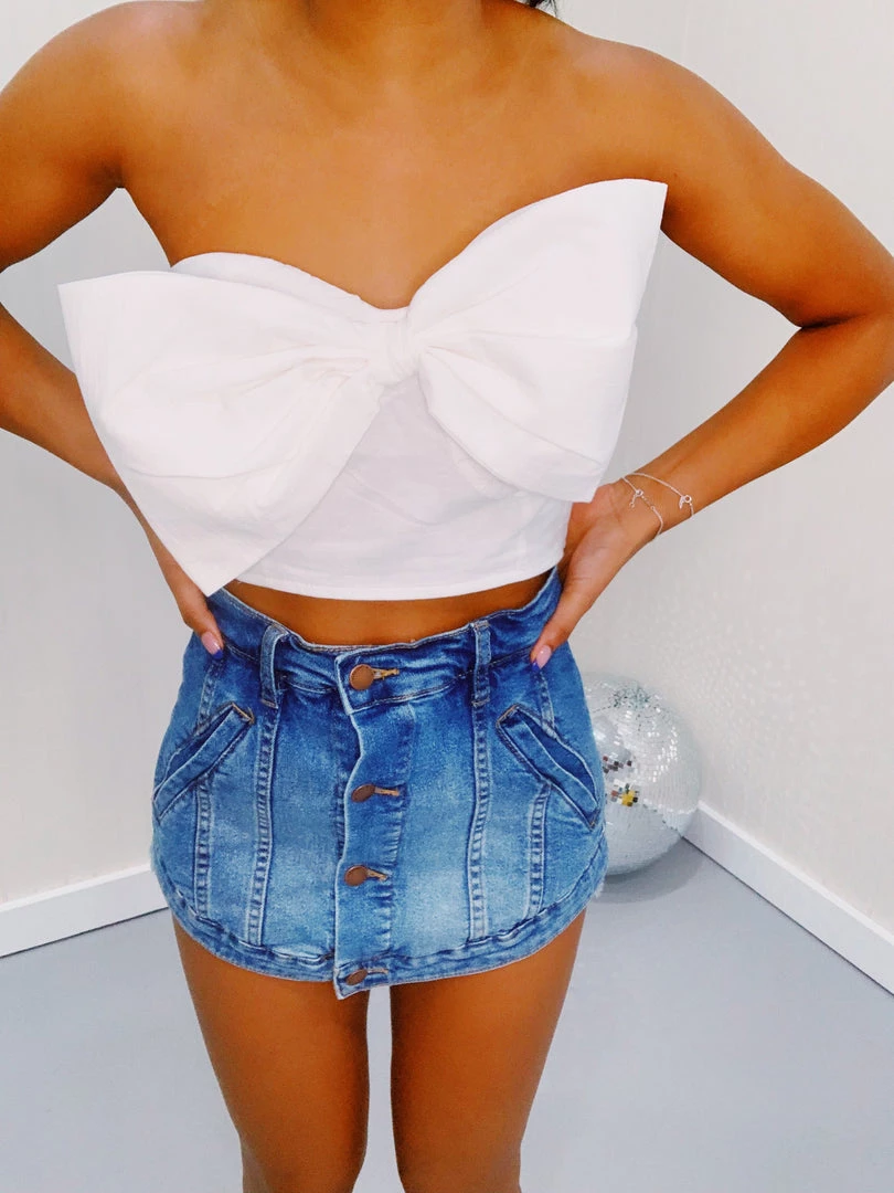 Triple Threads Tops Big Ribbon Crop Top - White