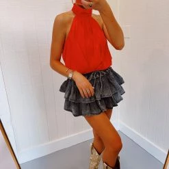 Triple Threads Mock Neck Satin Top - Red