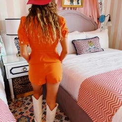 Triple Threads Puff Sleeve Romper - Orange Jumpsuits + Rompers