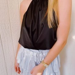 Triple Threads Mock Neck Satin Top - Black Tops