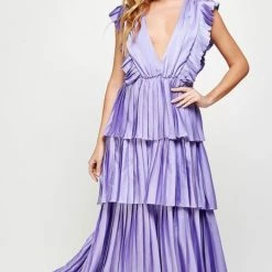 STRUT & BOLT Dresses Plunge Pleated Dress - Lilac
