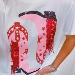New Arrivals QUEEN OF SPARKLES - Pink Sequin Boot Tee