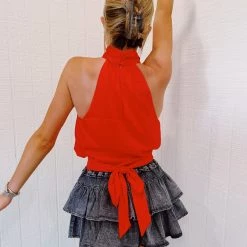 Triple Threads Mock Neck Satin Top - Red