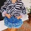 ELLISON Feather Trim Zebra Blouse