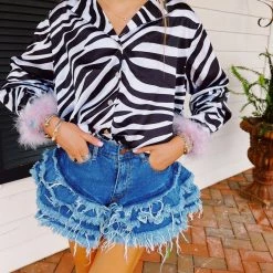 ELLISON Feather Trim Zebra Blouse