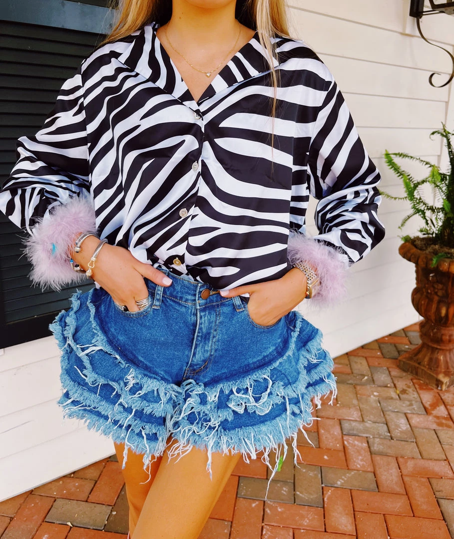 ELLISON Feather Trim Zebra Blouse