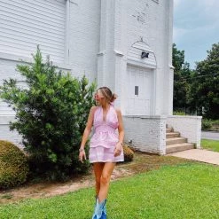 DAY + MOON Cross Neck Halter Dress - PINK GINGHAM